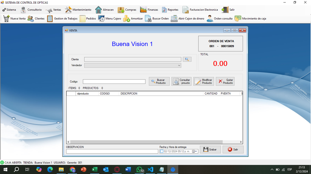 Modulo de venta del ERP optico